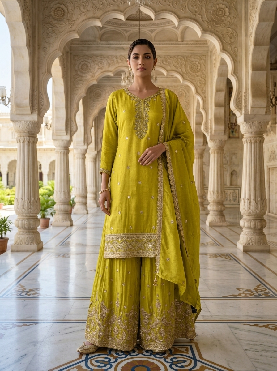 Neerus Green tissue embellished suit set - front view