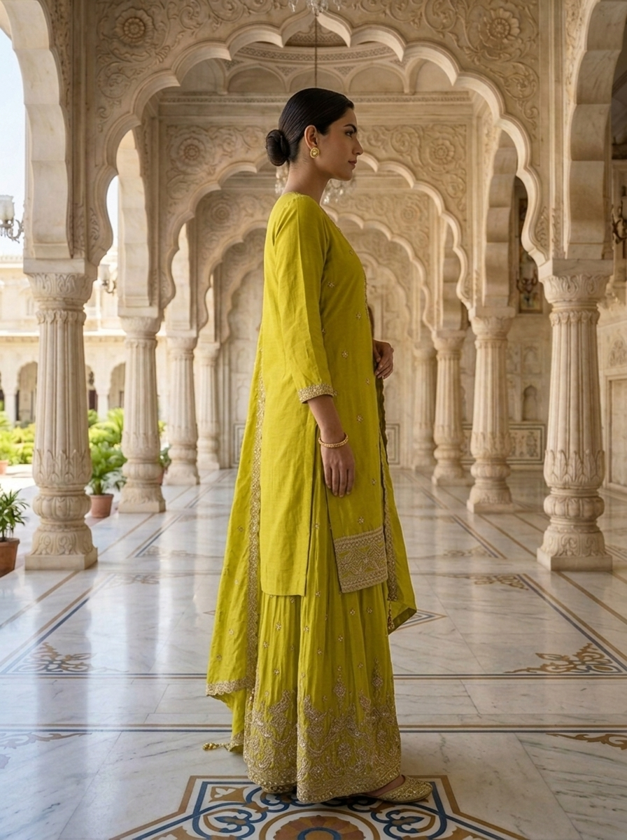 Neerus Green tissue embellished suit set - back view
