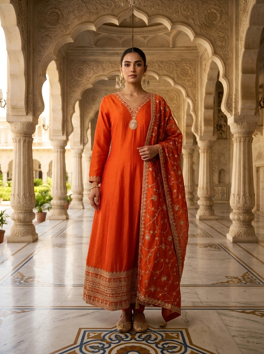 Neerus Orange silk embellished suit set - front view