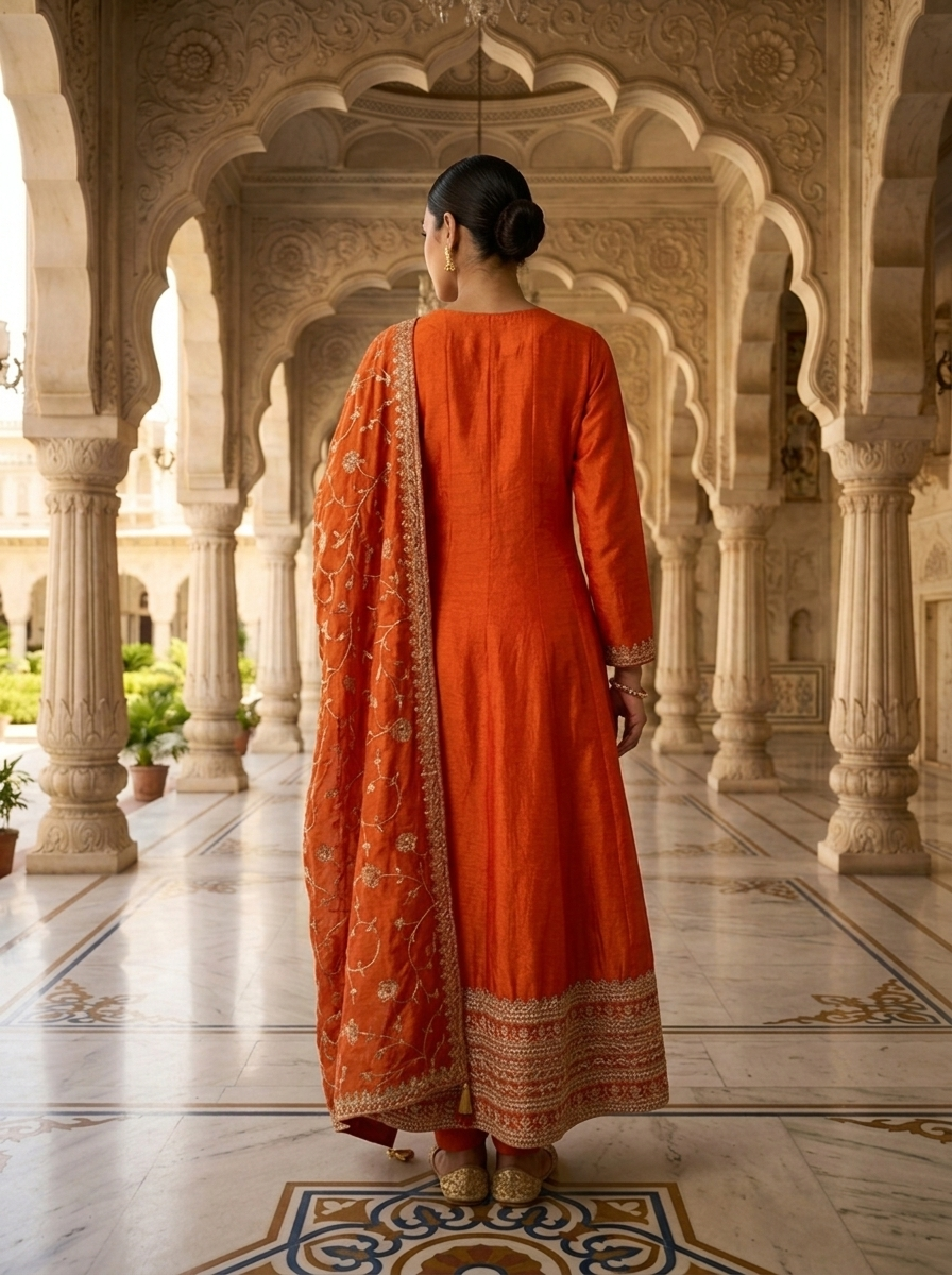 Neerus Orange silk embellished suit set - side view