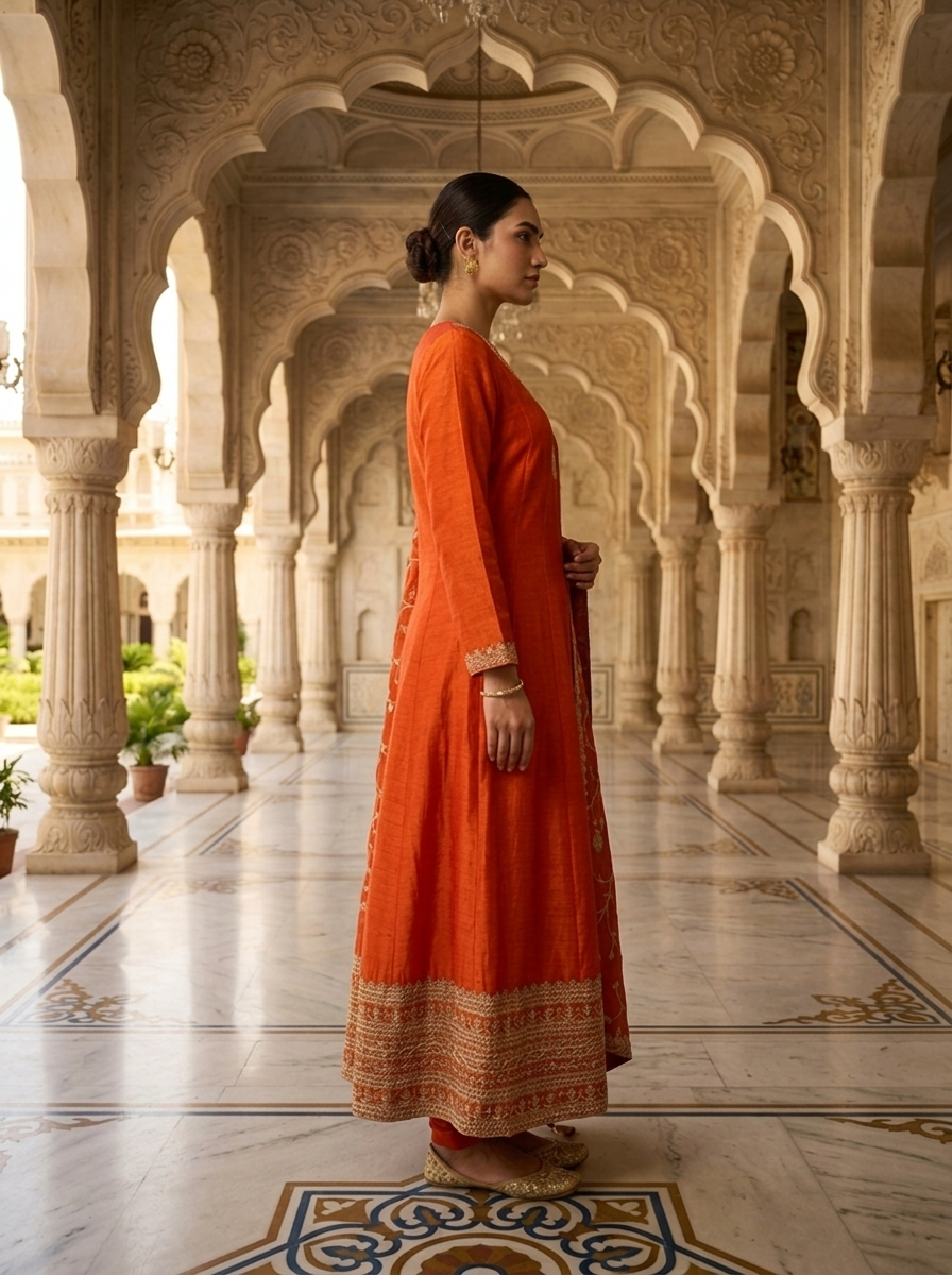 Neerus Orange silk embellished suit set - back view