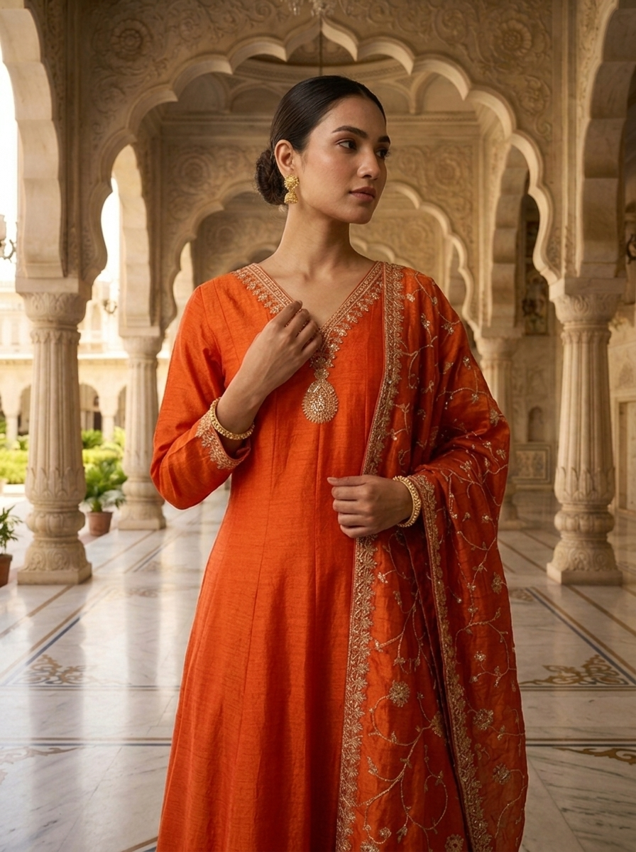 Neerus Orange silk embellished suit set - detail view 1