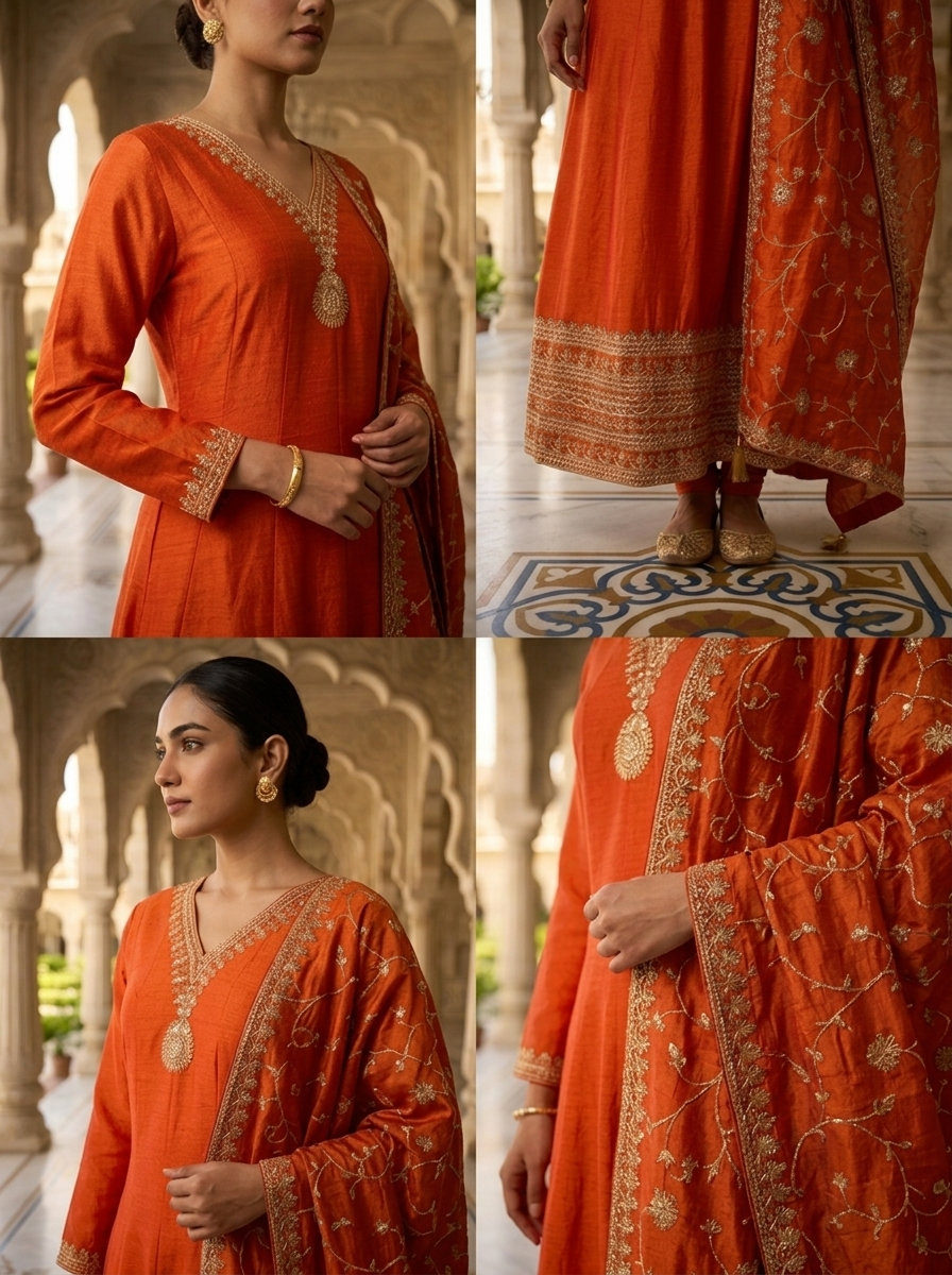 Neerus Orange silk embellished suit set - detail view 2