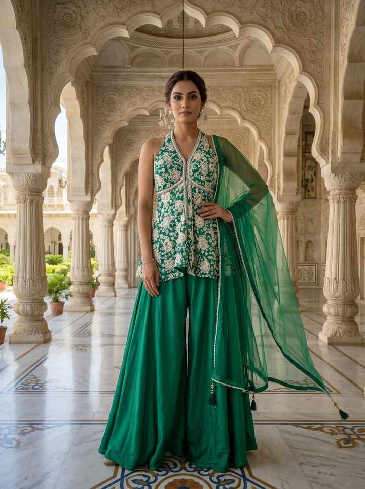 Neerus Green crepe embellished suit set - front view
