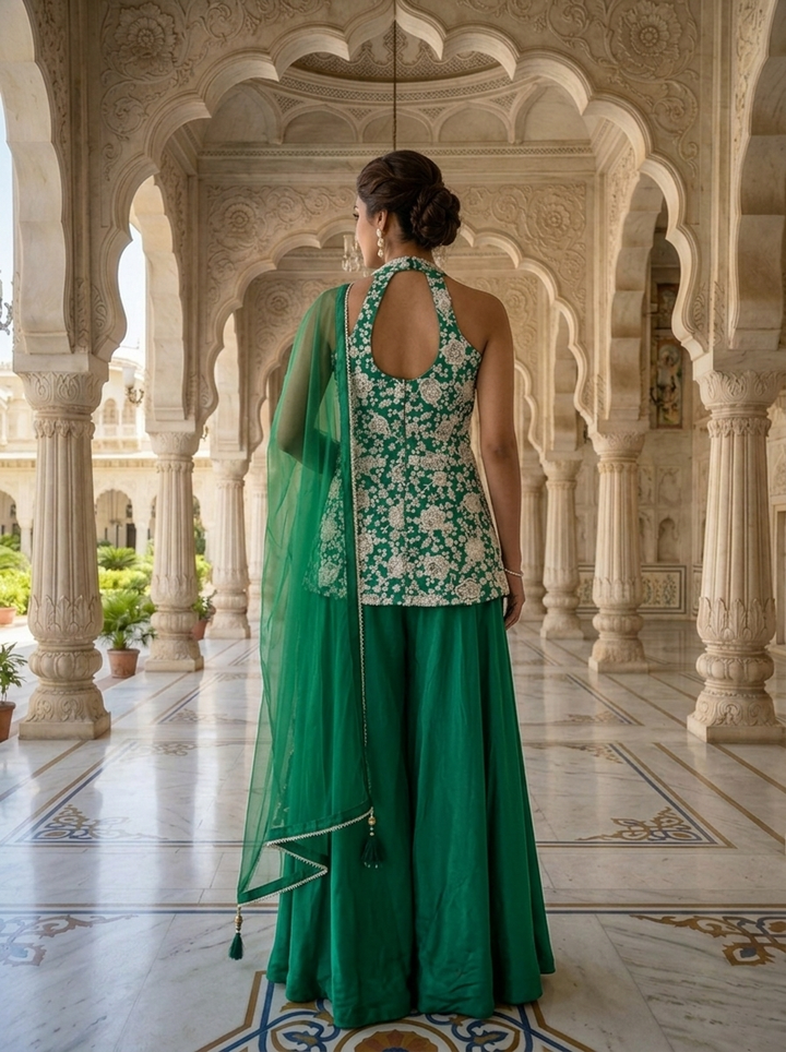 Neerus Green crepe embellished suit set - side view