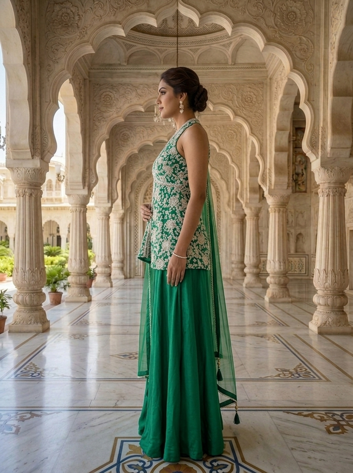 Neerus Green crepe embellished suit set - back view