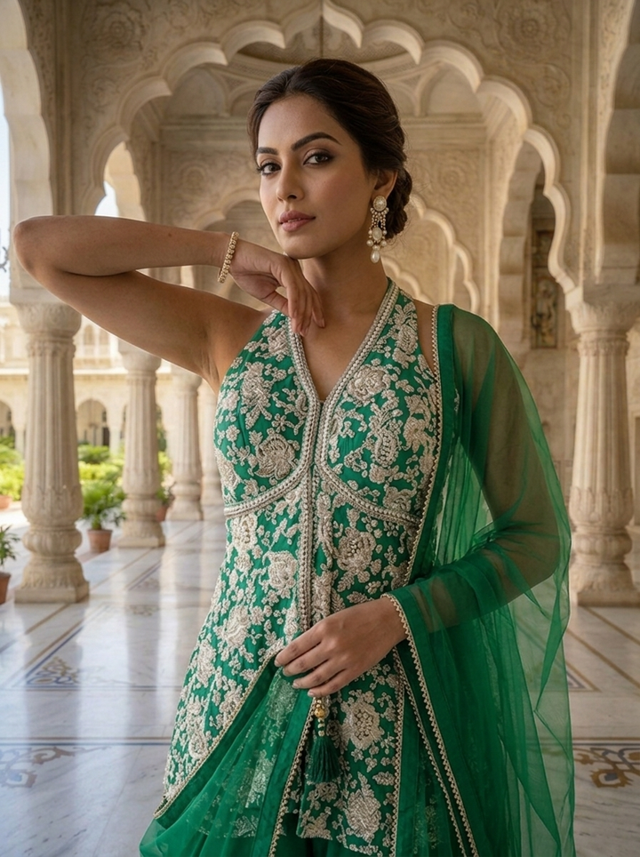 Neerus Green crepe embellished suit set - detail view 1