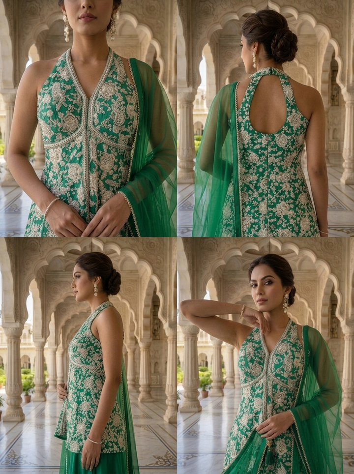 Neerus Green crepe embellished suit set - detail view 2