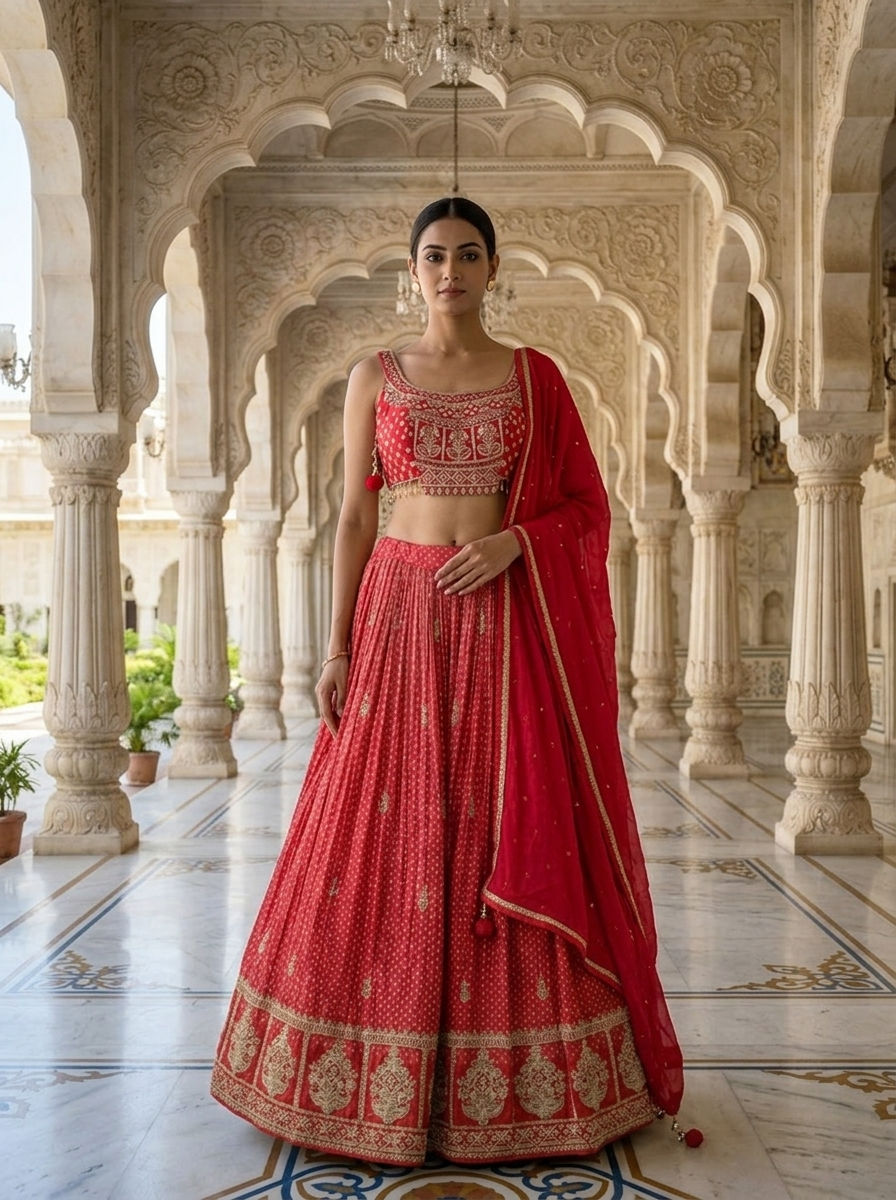 Neerus Pink tissue embroidered lehenga set - front view