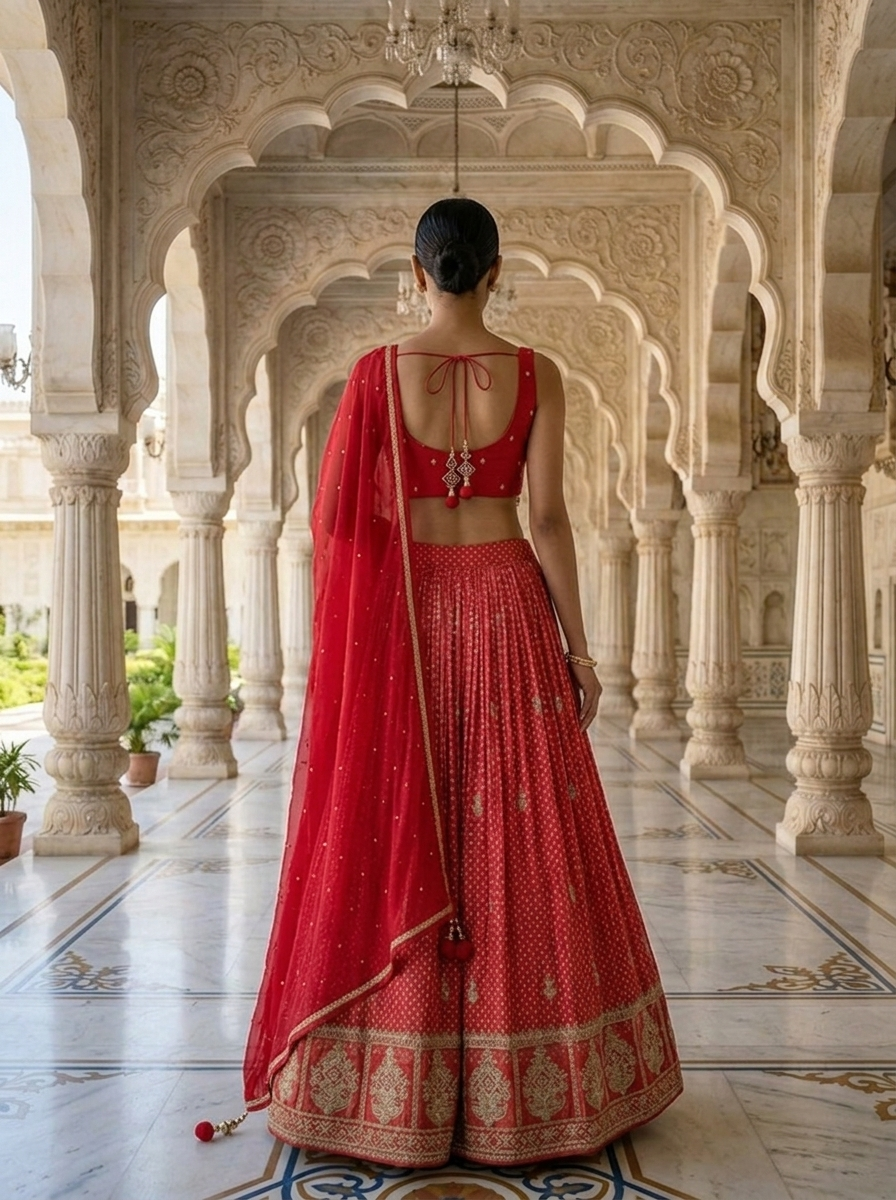 Neerus Pink tissue embroidered lehenga set - back view