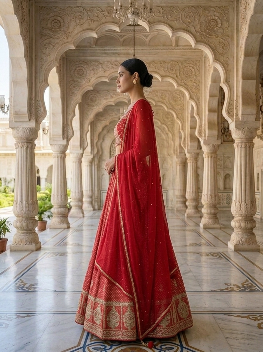 Neerus Pink tissue embroidered lehenga set - side view