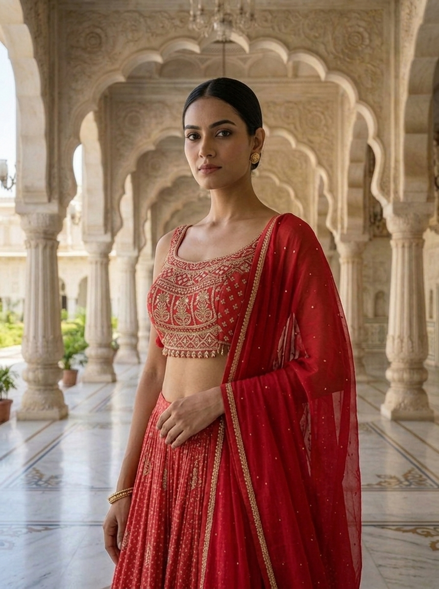 Neerus Pink tissue embroidered lehenga set - detail view 1