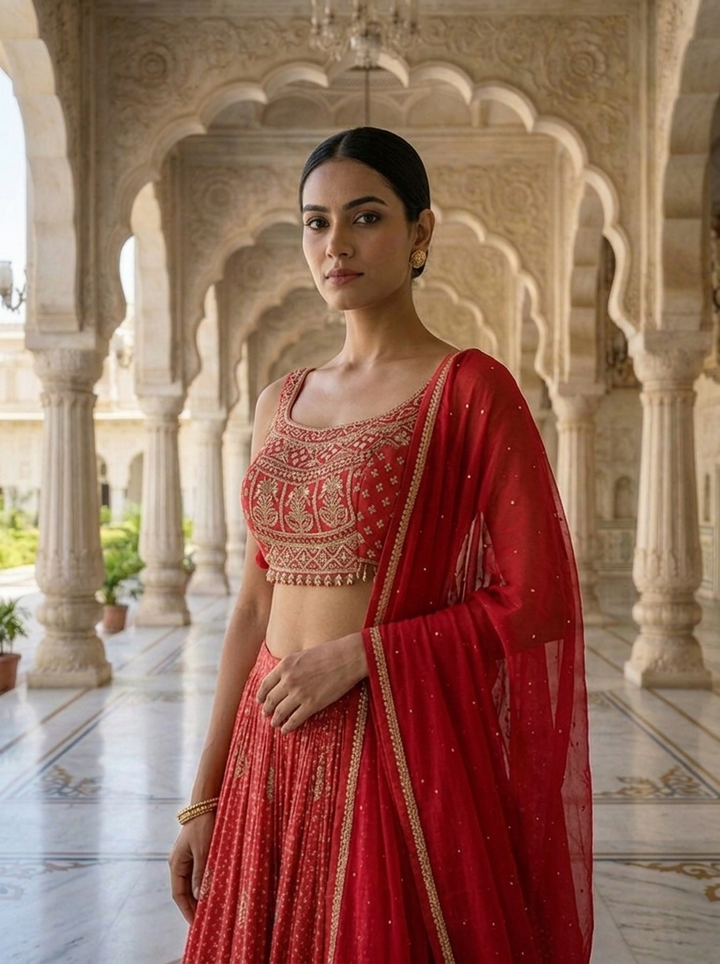 Neerus Pink tissue embroidered lehenga set - detail view 1