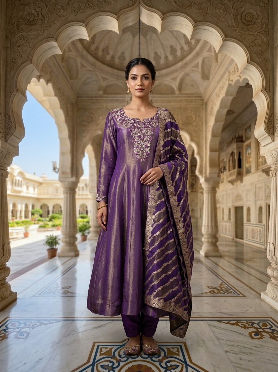 Neerus Purple tissue embellished suit set - front view