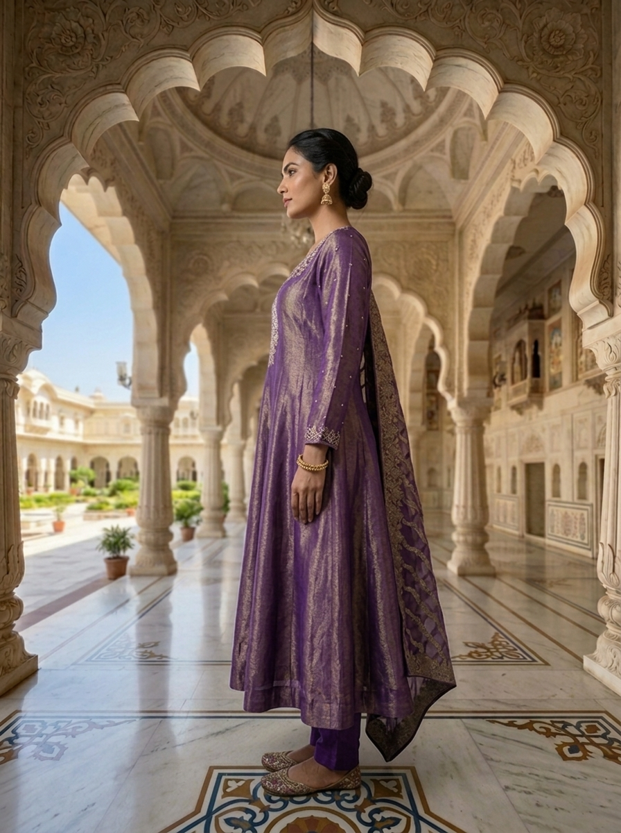 Neerus Purple tissue embellished suit set - back view