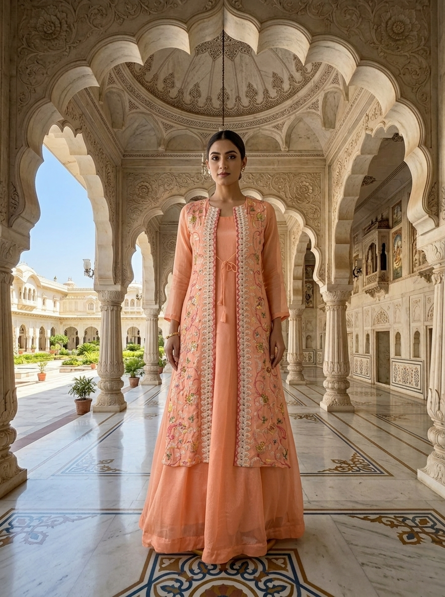 Neerus Orange organza thread embroidered Anarkali with jacket - front view