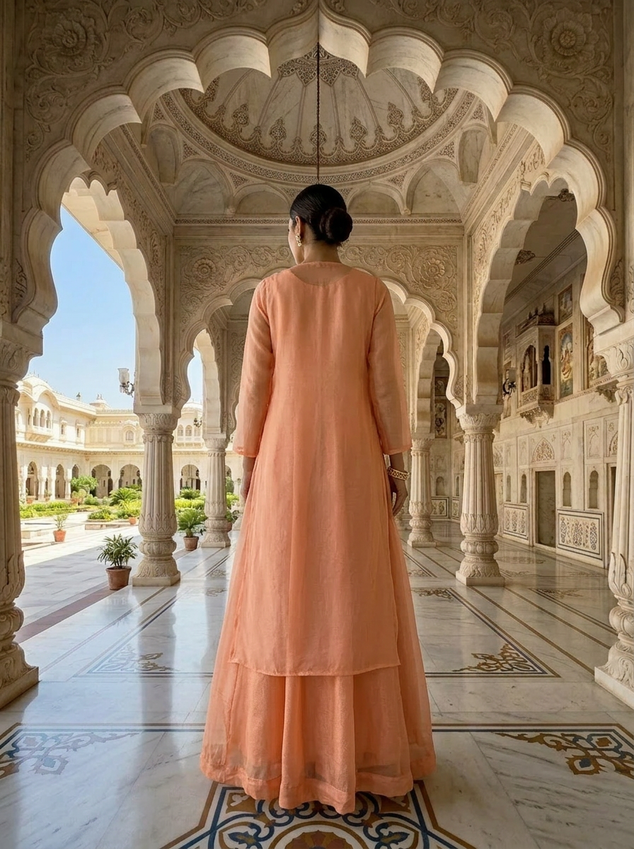Neerus Orange organza thread embroidered Anarkali with jacket - back view