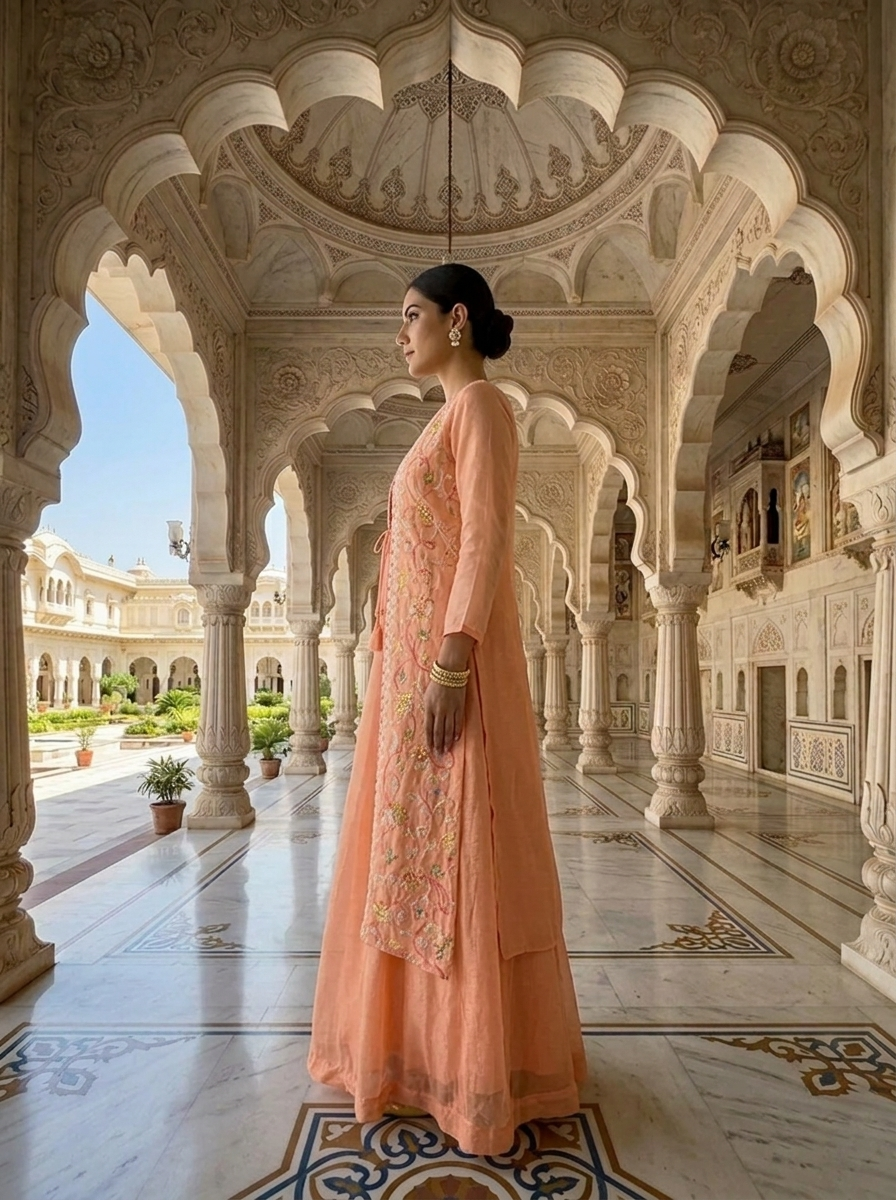 Neerus Orange organza thread embroidered Anarkali with jacket - side view