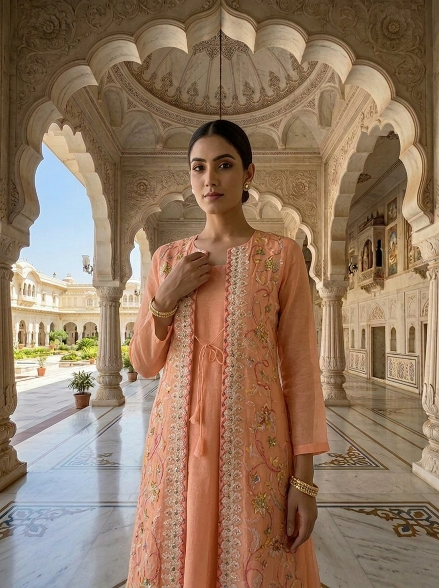 Neerus Orange organza thread embroidered Anarkali with jacket - detail view 1