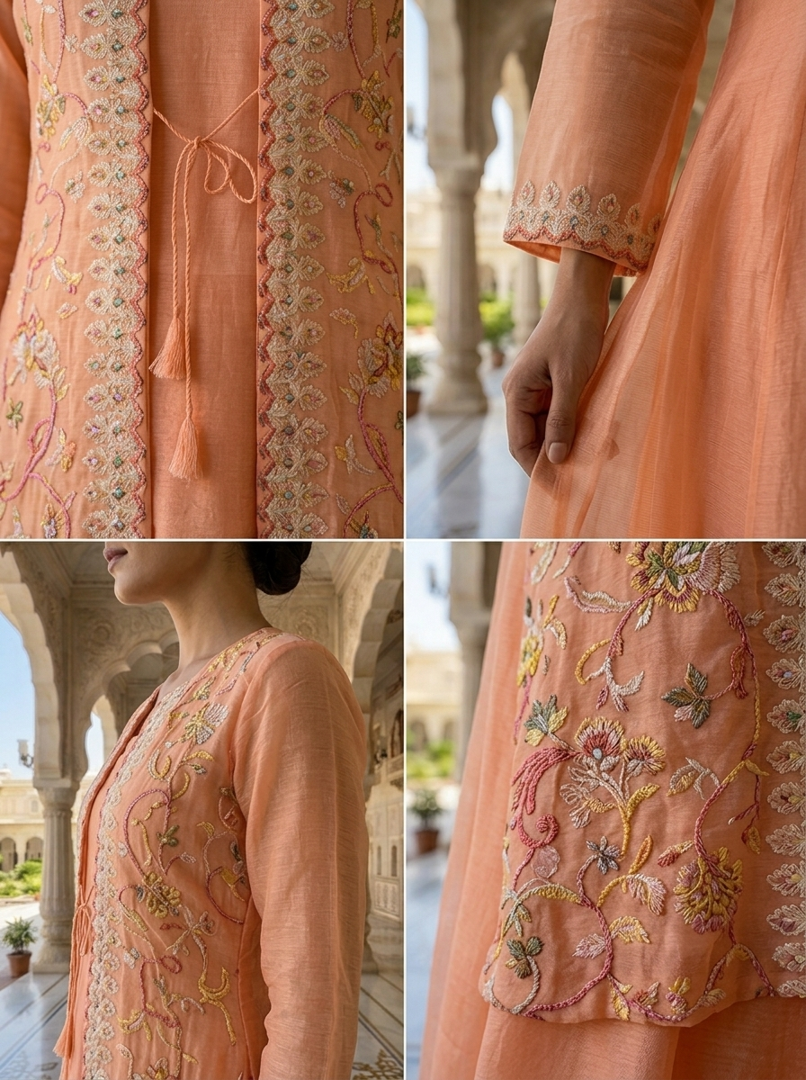 Neerus Orange organza thread embroidered Anarkali with jacket - detail view 2