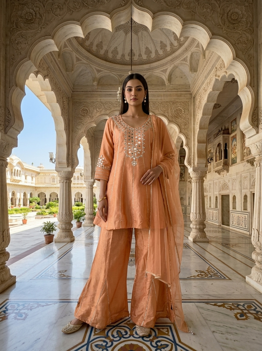 Neerus Orange tissue mirror work suit set - front view