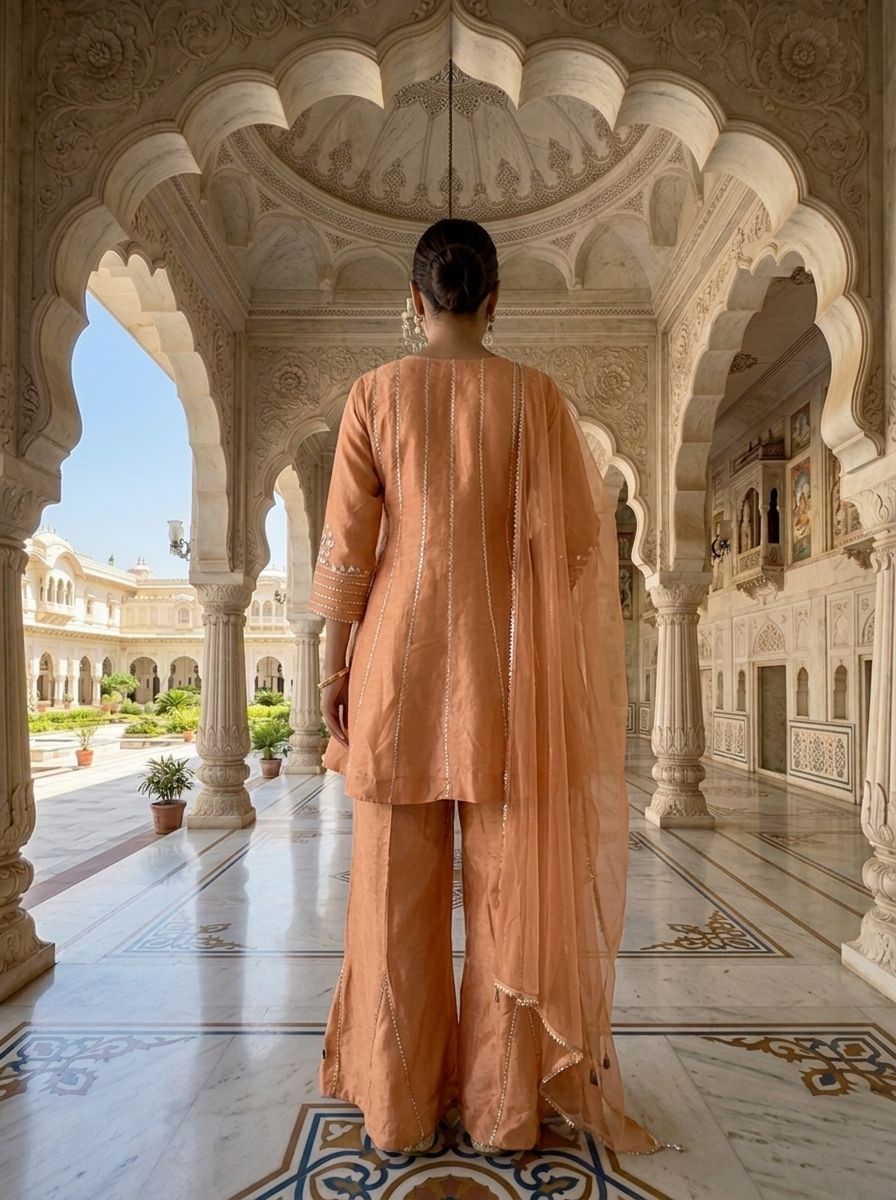 Neerus Orange tissue mirror work suit set - side view