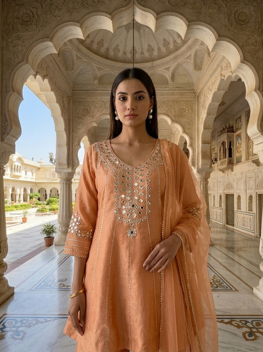 Neerus Orange tissue mirror work suit set - detail view 1