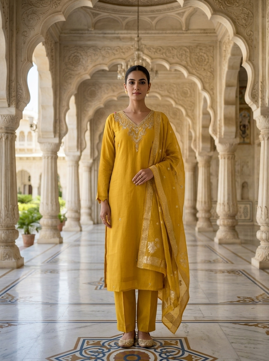 Neerus Yellow muslin embellished suit set - front view