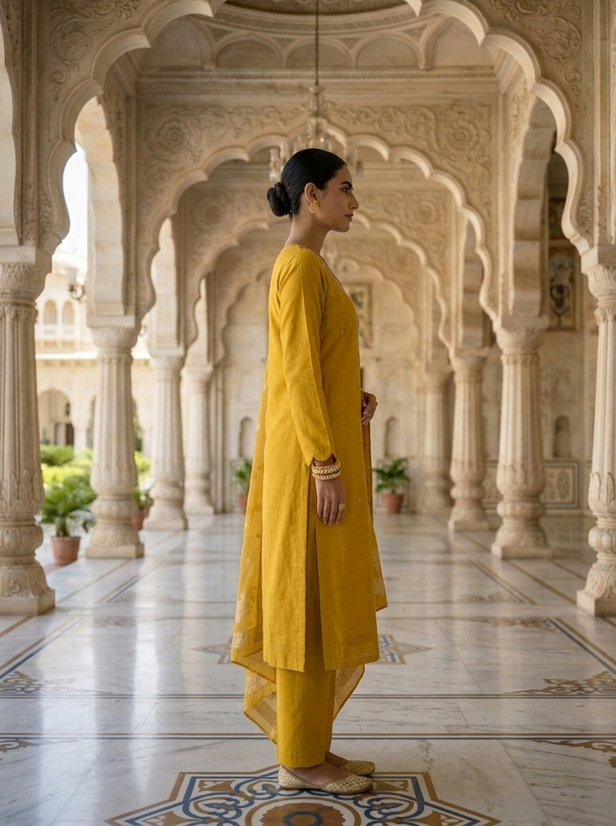 Neerus Yellow muslin embellished suit set - back view