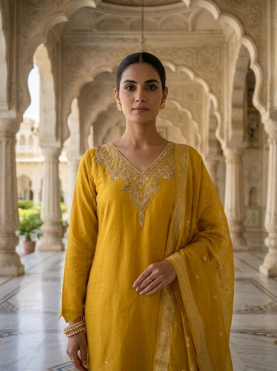 Neerus Yellow muslin embellished suit set - detail view 1