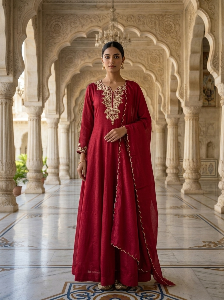 Neerus Maroon Chinon embellished Anarkali with dupatta - front view
