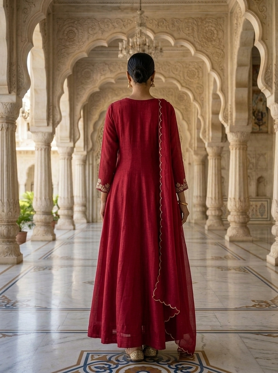 Neerus Maroon Chinon embellished Anarkali with dupatta - side view
