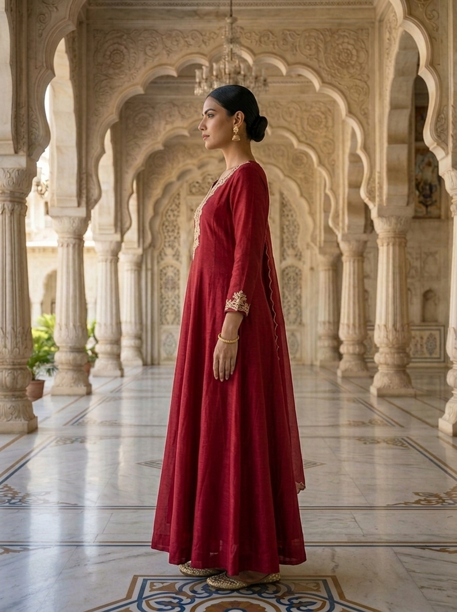 Neerus Maroon Chinon embellished Anarkali with dupatta - back view