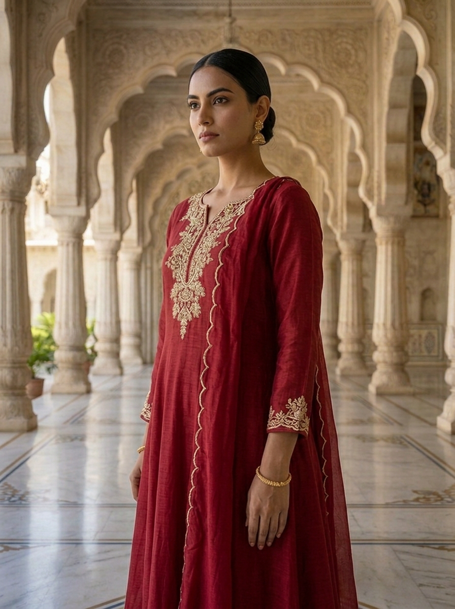 Neerus Maroon Chinon embellished Anarkali with dupatta - detail view 1