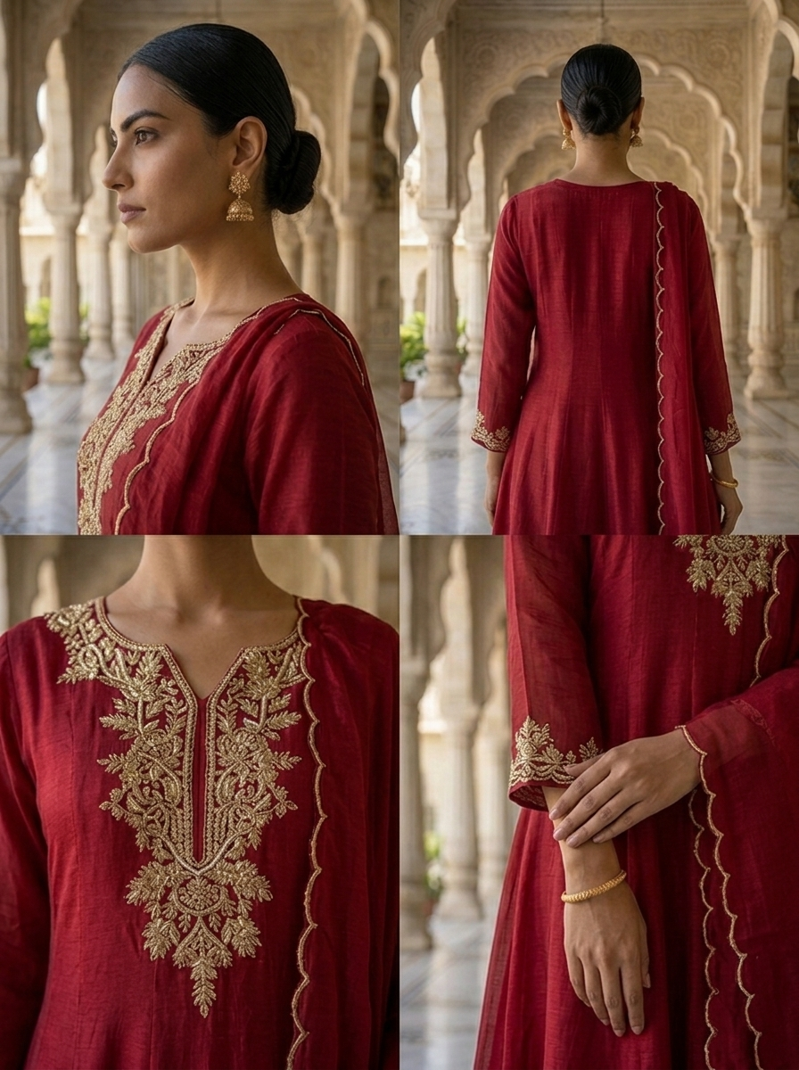 Neerus Maroon Chinon embellished Anarkali with dupatta - detail view 2