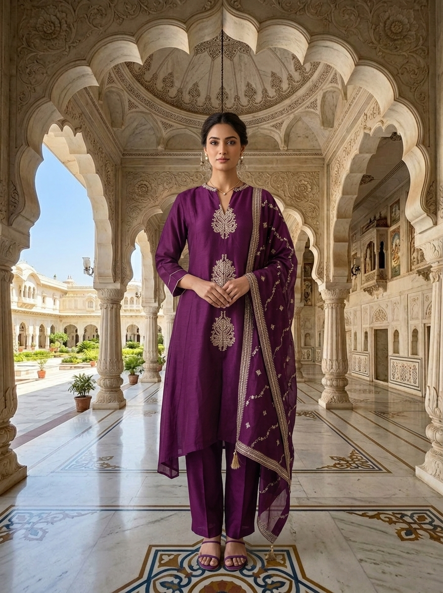 Neerus Maroon silk thread embroidered suit set - front view
