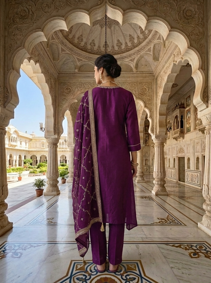 Neerus Maroon silk thread embroidered suit set - side view