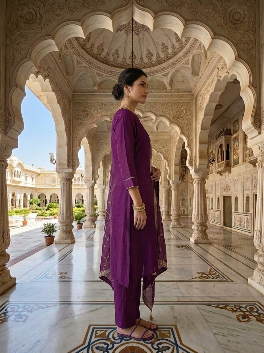 Neerus Maroon silk thread embroidered suit set - back view
