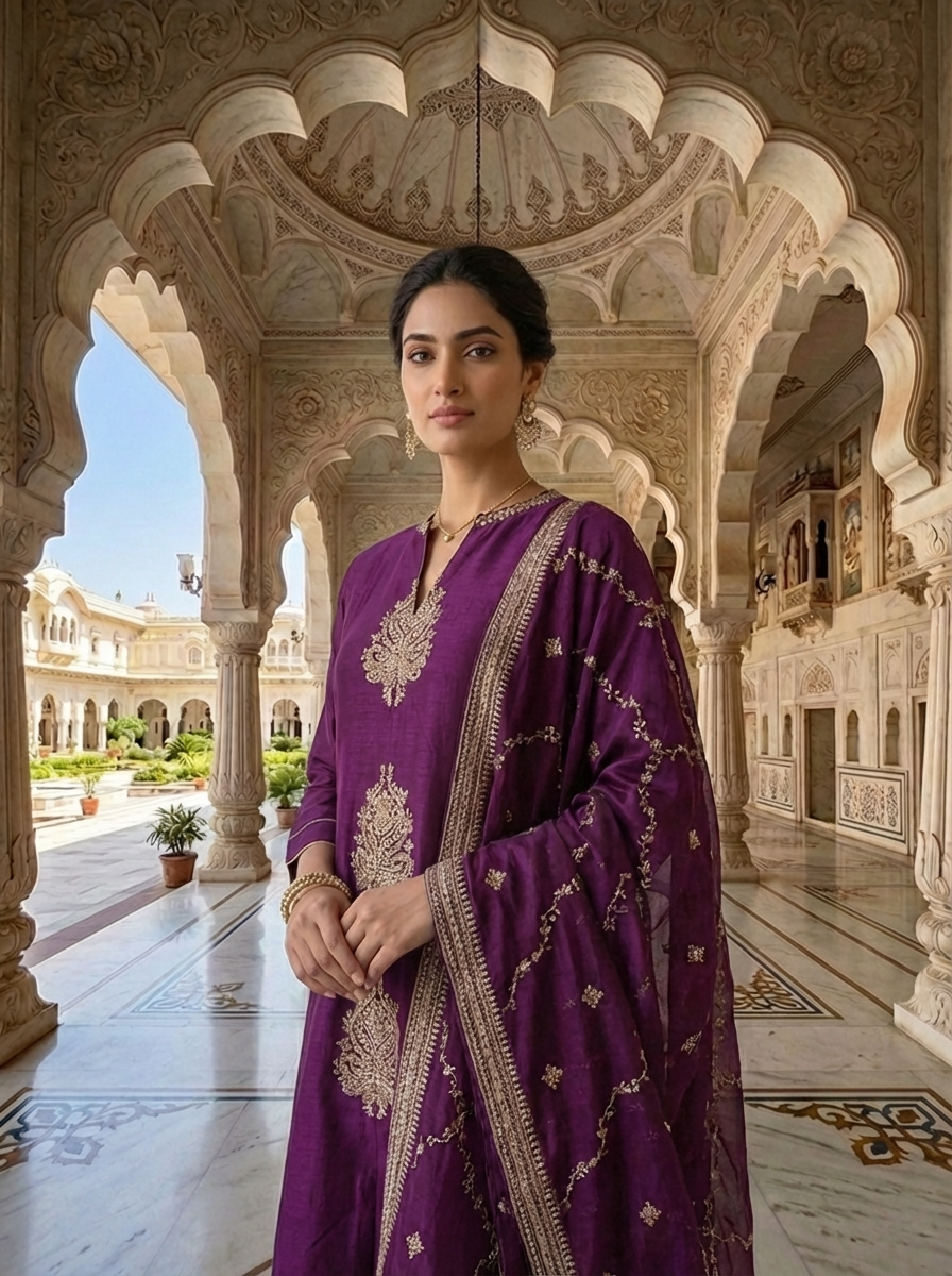 Neerus Maroon silk thread embroidered suit set - detail view 1