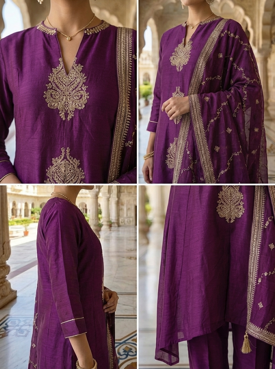 Neerus Maroon silk thread embroidered suit set - detail view 2