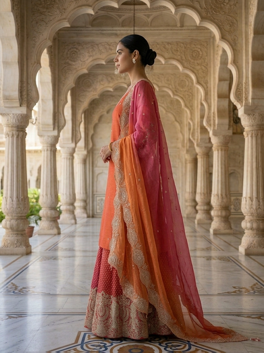 Neerus Red tissue embroidered suit set - back view