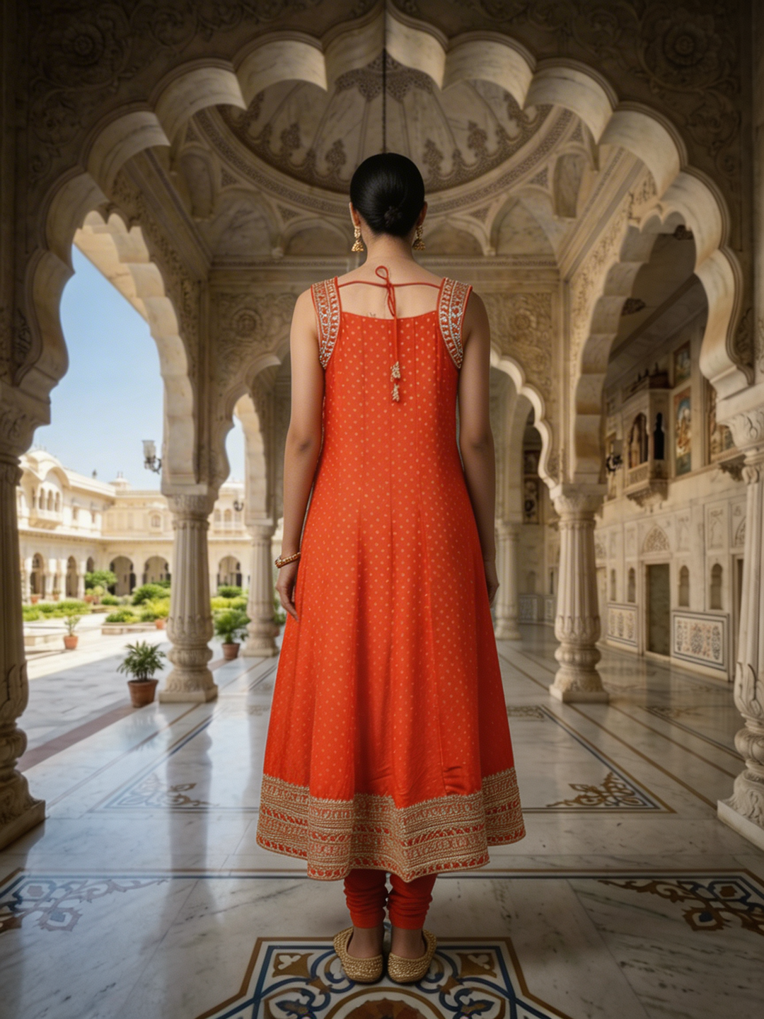 Neerus Orange silk hand embroidered suit set - side view