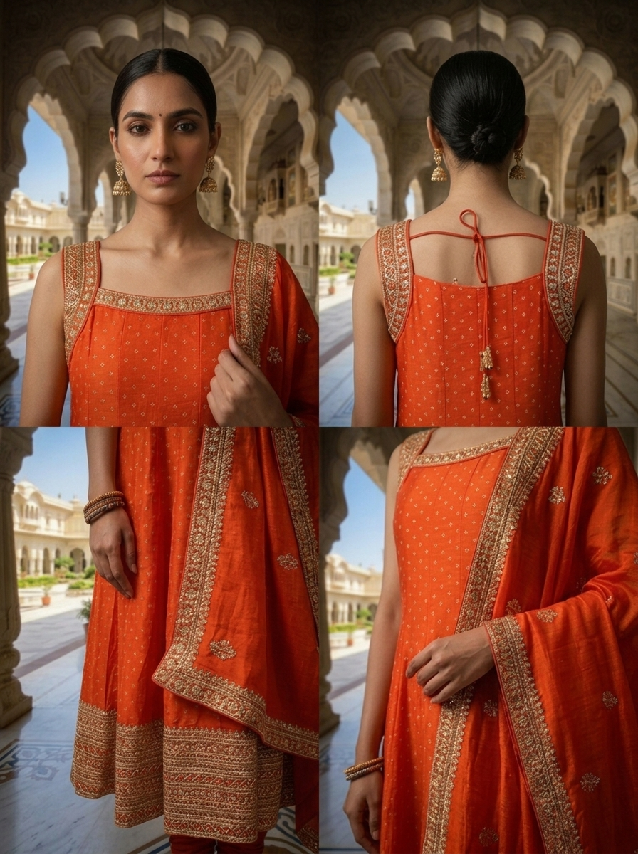 Neerus Orange silk hand embroidered suit set - detail view 2