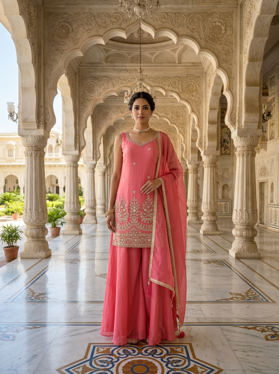 Neerus Pink tissue embellished suit set floral beadwork - front view
