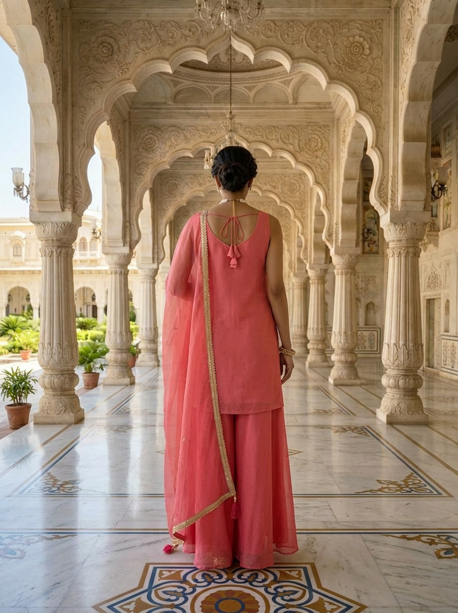 Neerus Pink tissue embellished suit set floral beadwork - side view