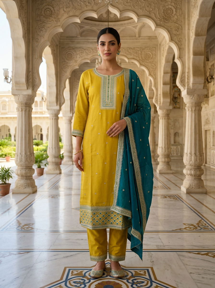 Neerus Green silk thread embroidered suit set - front view