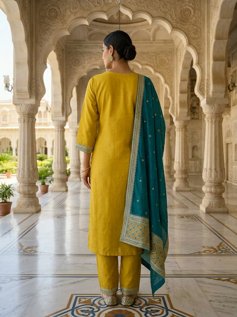 Neerus Green silk thread embroidered suit set - side view