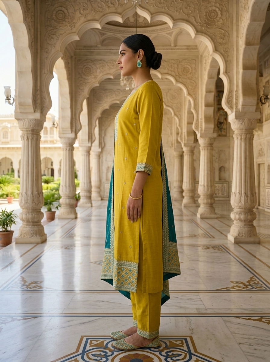 Neerus Green silk thread embroidered suit set - back view