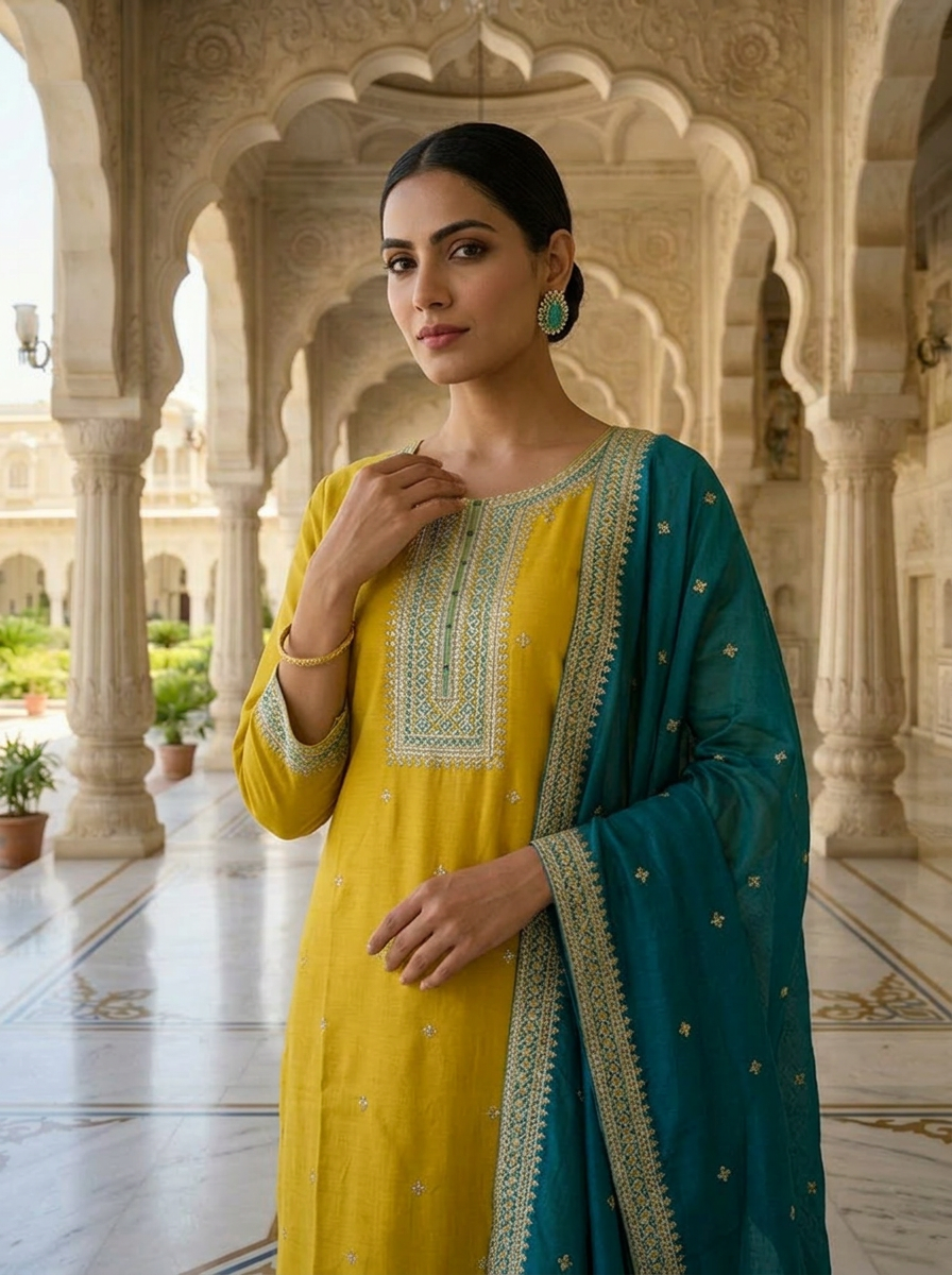 Neerus Green silk thread embroidered suit set - detail view 1
