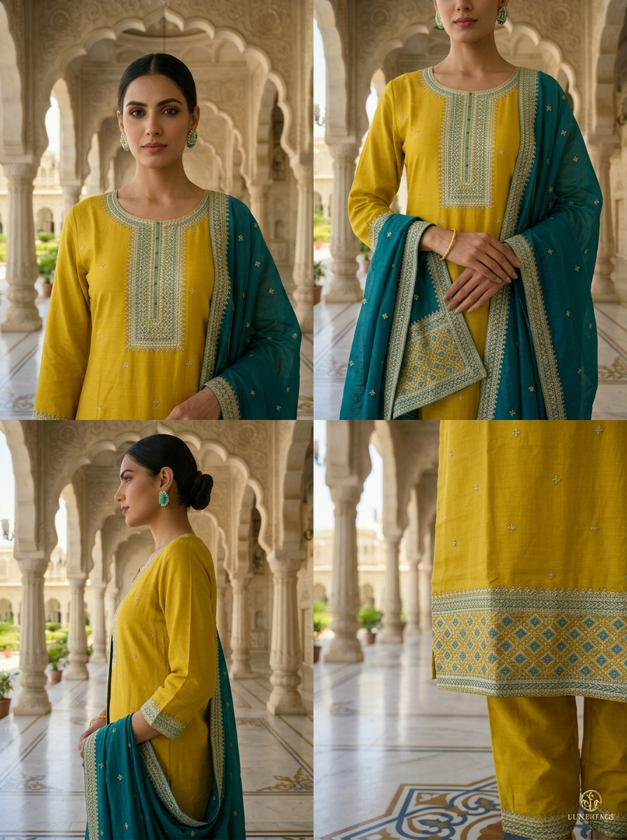 Neerus Green silk thread embroidered suit set - detail view 2